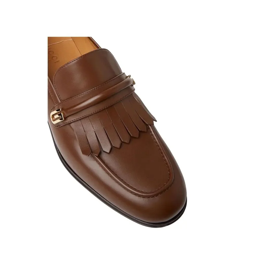 NIB Gucci Mirrored G Size 8.5 US 9 Fringed Loafer Brown Italian Leather Shoe